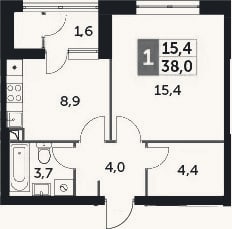 Планировка: 1-к, 37,5 м²