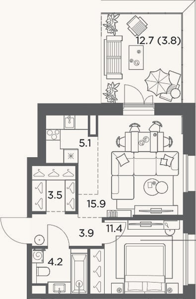 Планировка: 2-к, 44 м²