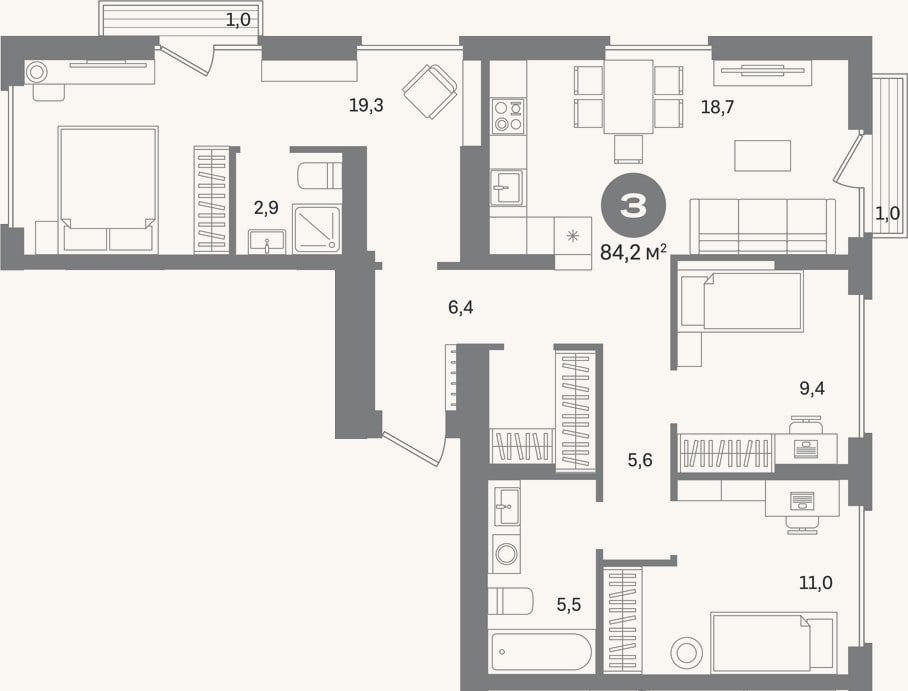 Планировка: 3-к, 82,2 м²