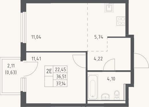 Планировка: 2-к, 36,5 м²