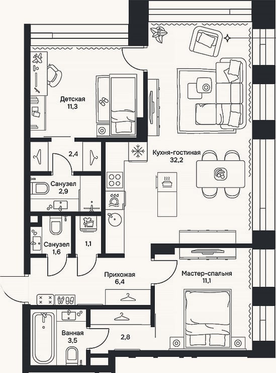 Планировка: 3-к, 75,3 м²