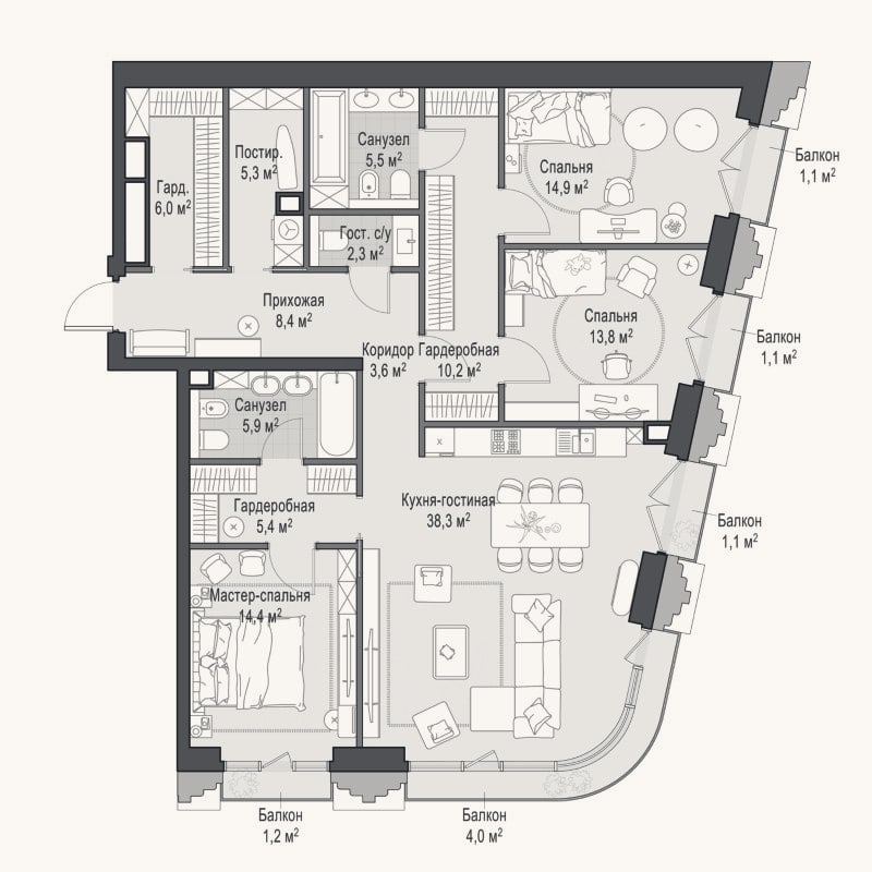 Планировка: 4+ к, 133,7 м²