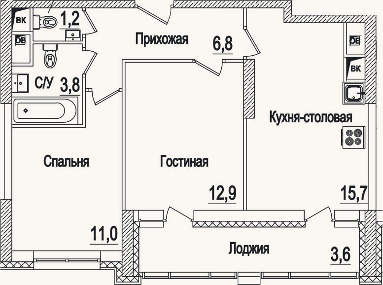 Планировка: 3-к, 51,4 м²