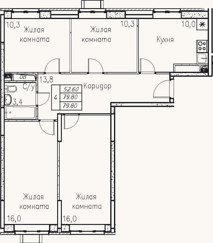Планировка: 4+ к, 79,8 м²