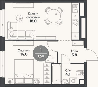 Планировка: 2-к, 39,9 м²