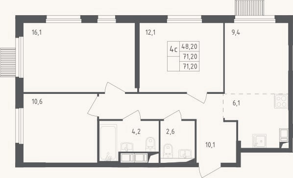 Планировка: 4+ к, 69,5 м²