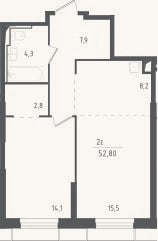 Планировка: 2-к, 52,8 м²