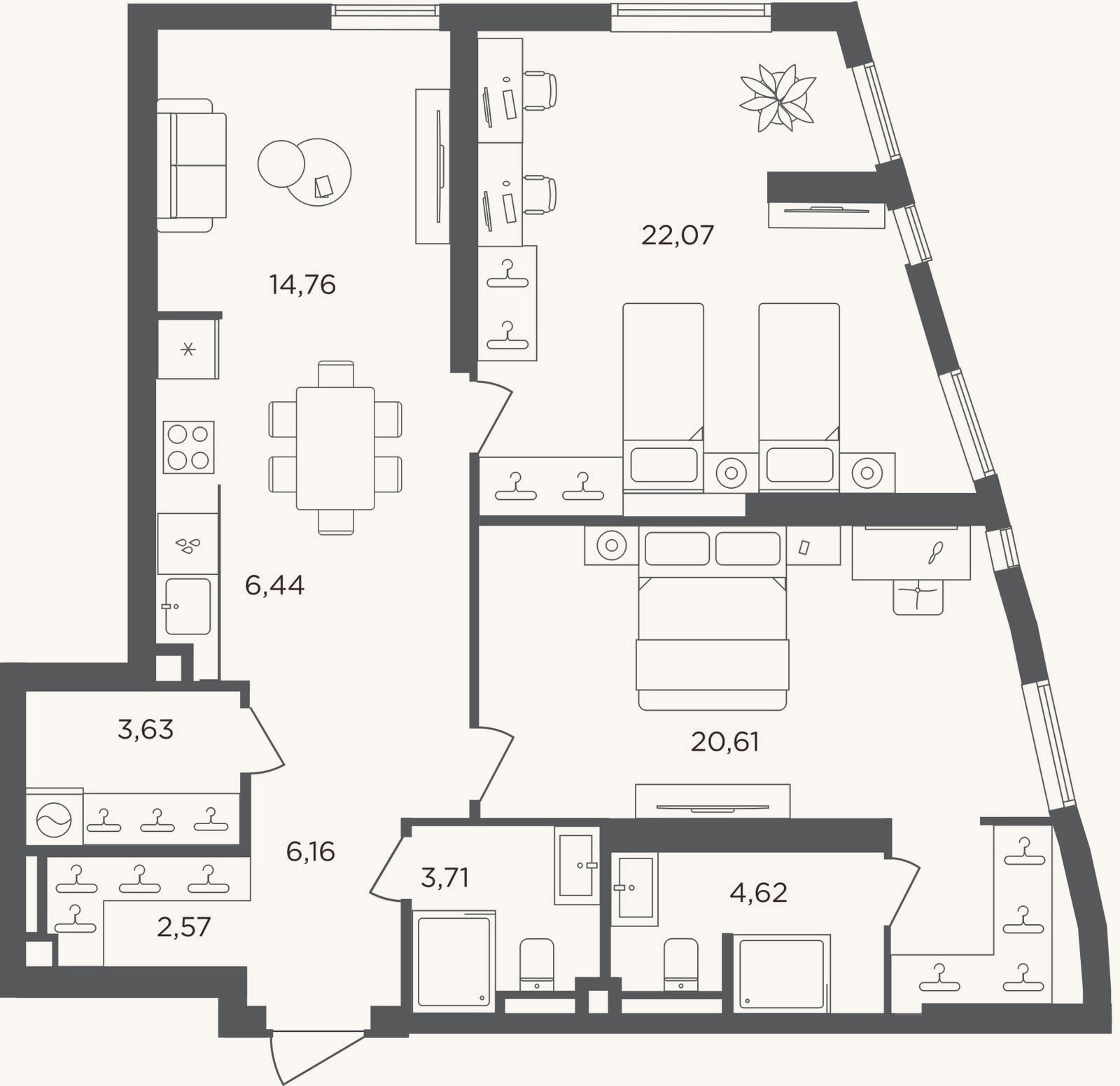 Планировка: 3-к, 84,6 м²