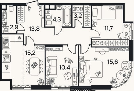 Планировка: 3-к, 76,9 м²