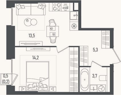 Планировка: 1-к, 36,7 м²