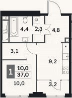 Планировка: 1-к, 33,8 м²
