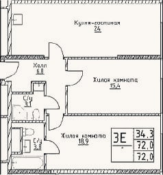 Планировка: 3-к, 72 м²