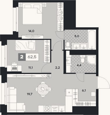 Планировка: 2-к, 62,5 м²