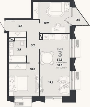 Планировка: 3-к, 52,3 м²