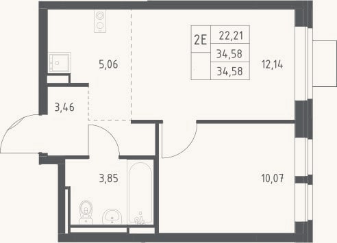 Планировка: 2-к, 34,6 м²