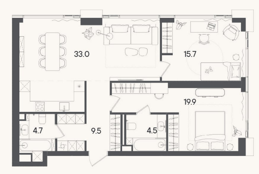 Планировка: 3-к, 88,4 м²