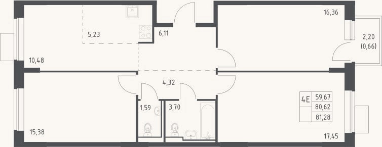 Планировка: 4+ к, 80,6 м²