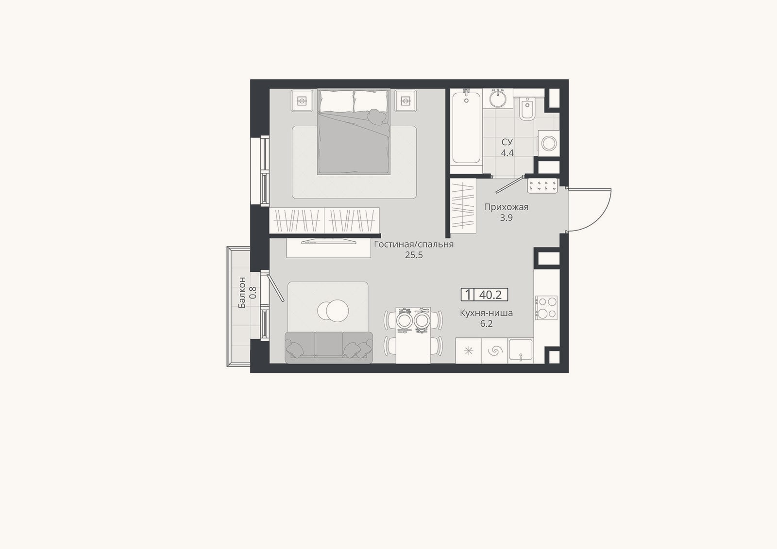 Планировка: 1-к, 40 м²