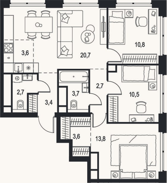 Планировка: 4+ к, 75,5 м²