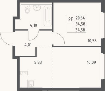 Планировка: 2-к, 34,6 м²