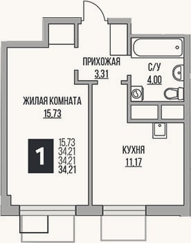 Планировка: 1-к, 34,2 м²