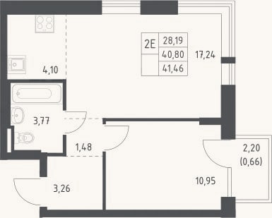 Планировка: 2-к, 40,8 м²