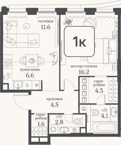 Планировка: 1-к, 51,7 м²