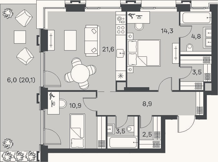 Планировка: 3-к, 70 м²