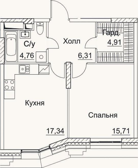 Планировка: 1-к, 49 м²
