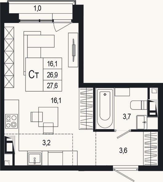 Планировка: Студия, 26,9 м²