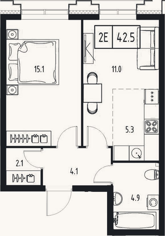 Планировка: 2-к, 42,5 м²