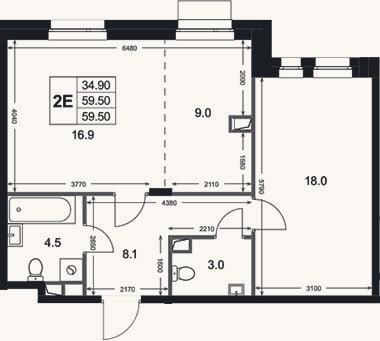 Планировка: 2-к, 59,5 м²