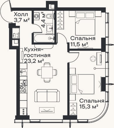 Планировка: 3-к, 58,1 м²
