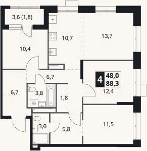 Планировка: 4+ к, 86,5 м²