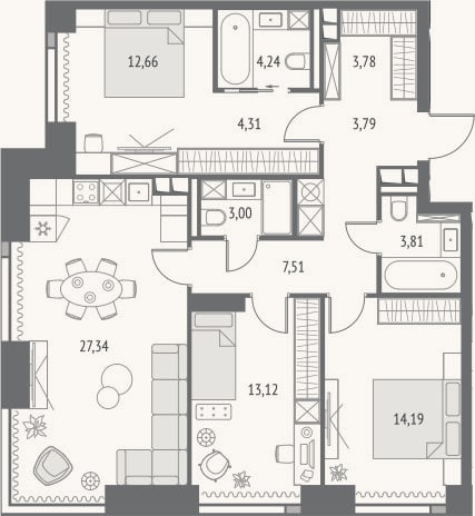 Планировка: 4+ к, 97,8 м²