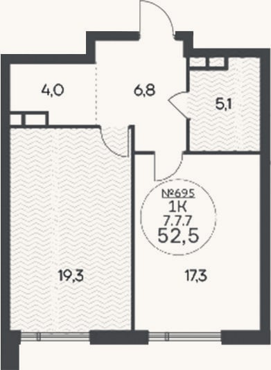 Планировка: 1-к, 52,5 м²