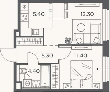 Планировка: 2-к, 38,8 м²