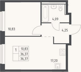 Планировка: 2-к, 36,4 м²