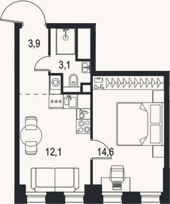 Планировка: 1-к, 33,7 м²
