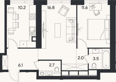 Планировка: 2-к, 52,9 м²