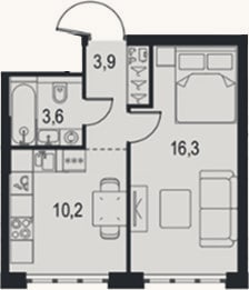 Планировка: 1-к, 34 м²
