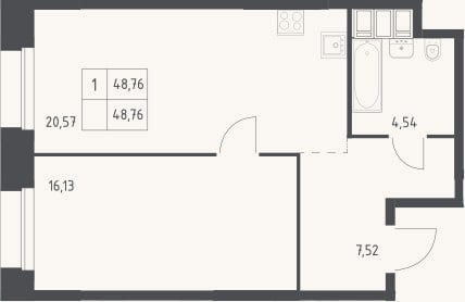 Планировка: 1-к, 48,8 м²