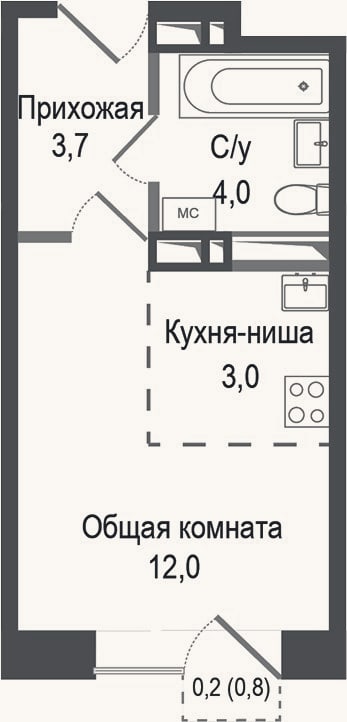 Планировка: Студия, 22,7 м²