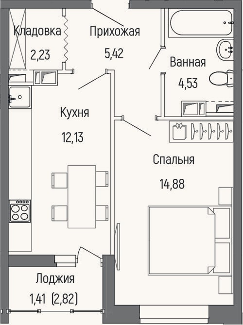 Планировка: 1-к, 39,2 м²