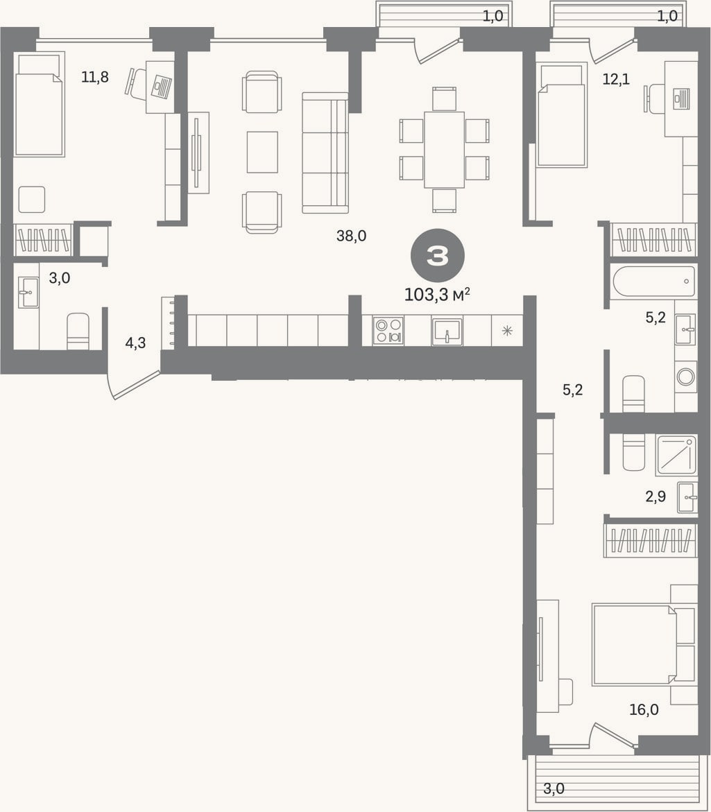 Планировка: 3-к, 98,3 м²