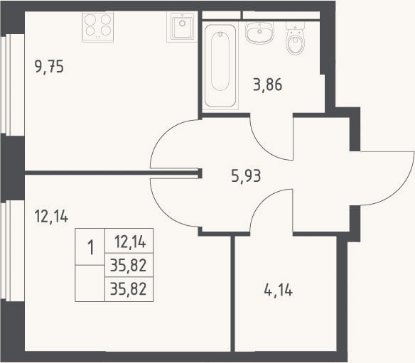 Планировка: 1-к, 35,8 м²