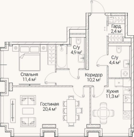 Планировка: 2-к, 65 м²