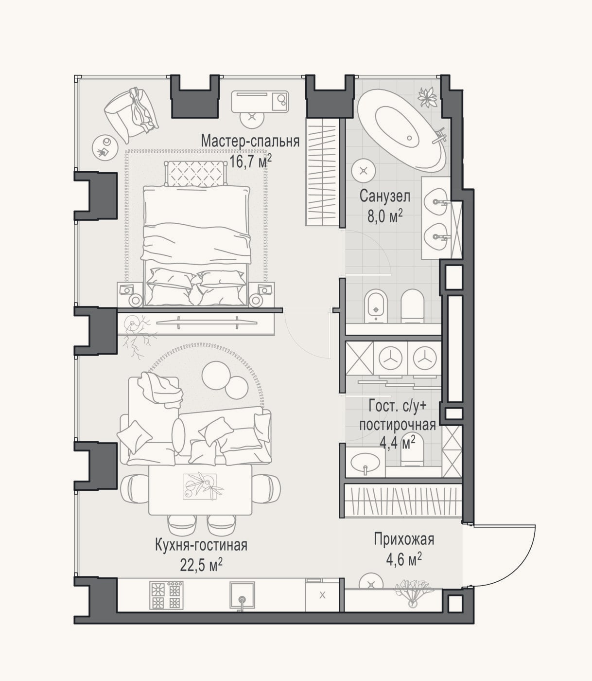 Планировка: 2-к, 56,7 м²