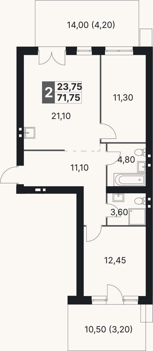 Планировка: 3-к, 64,4 м²