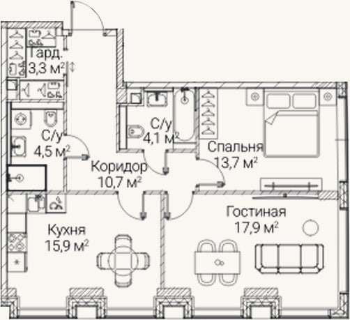 Планировка: 2-к, 70,1 м²